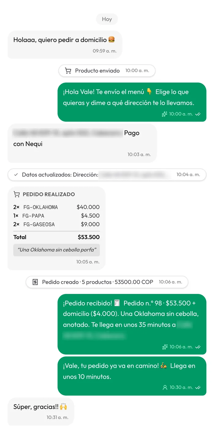 Conversación en la bandeja de Engagebot: el agente de IA toma un pedido a domicilio por WhatsApp