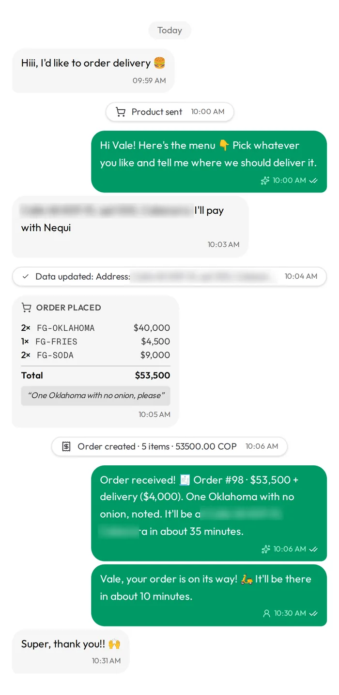 Conversation in the Engagebot inbox: the AI agent takes a delivery order on WhatsApp