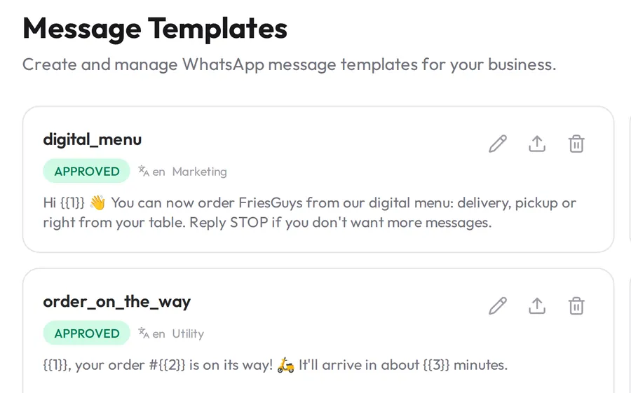 WhatsApp templates synced with and approved by Meta