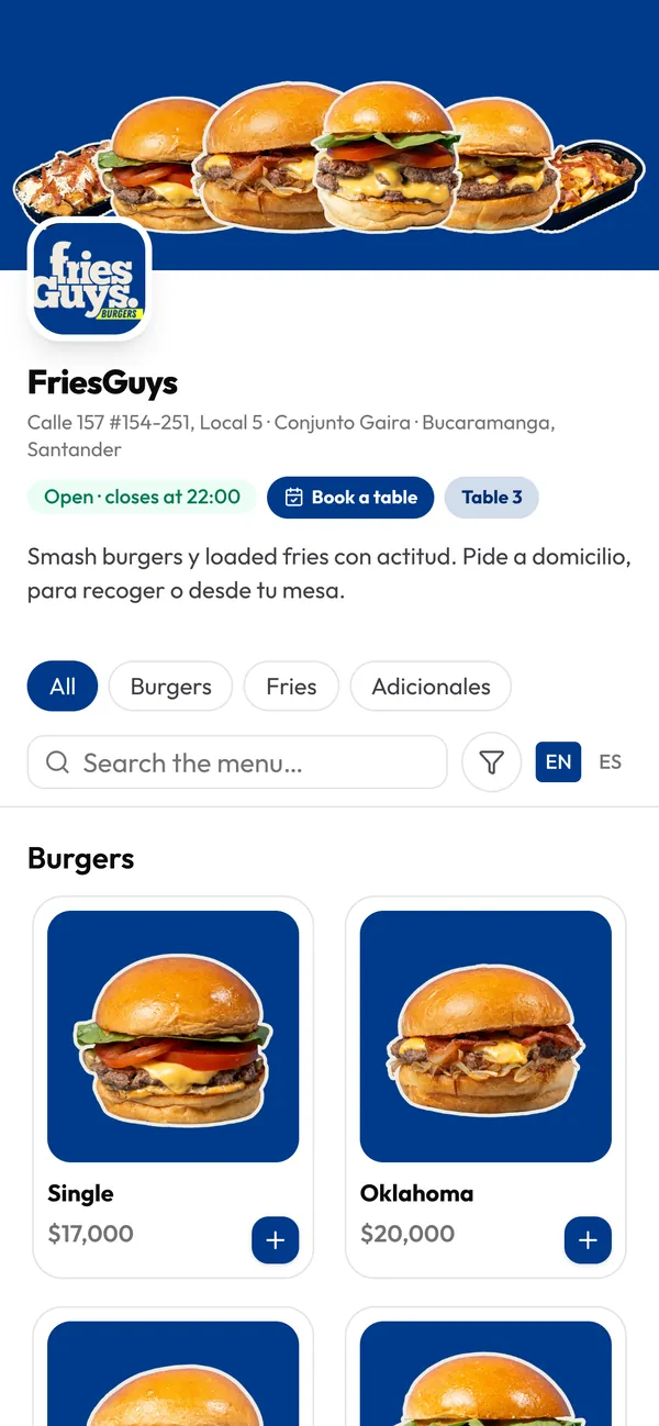 Published digital menu with its QR code, open on a phone
