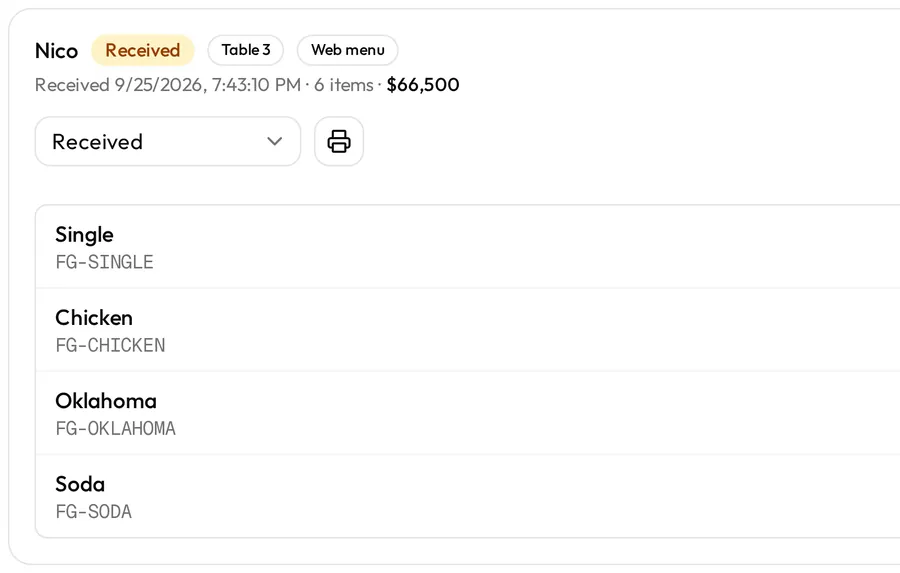 A table's order on the live orders dashboard