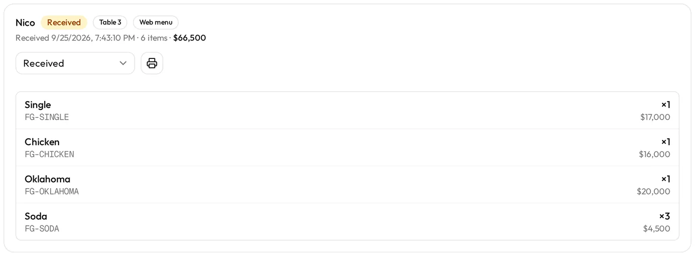 Table 3's order on the Engagebot orders dashboard, changing status