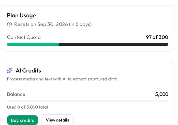 Plan usage: contact quota and AI credits