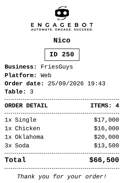 Kitchen ticket printed for table 3's order