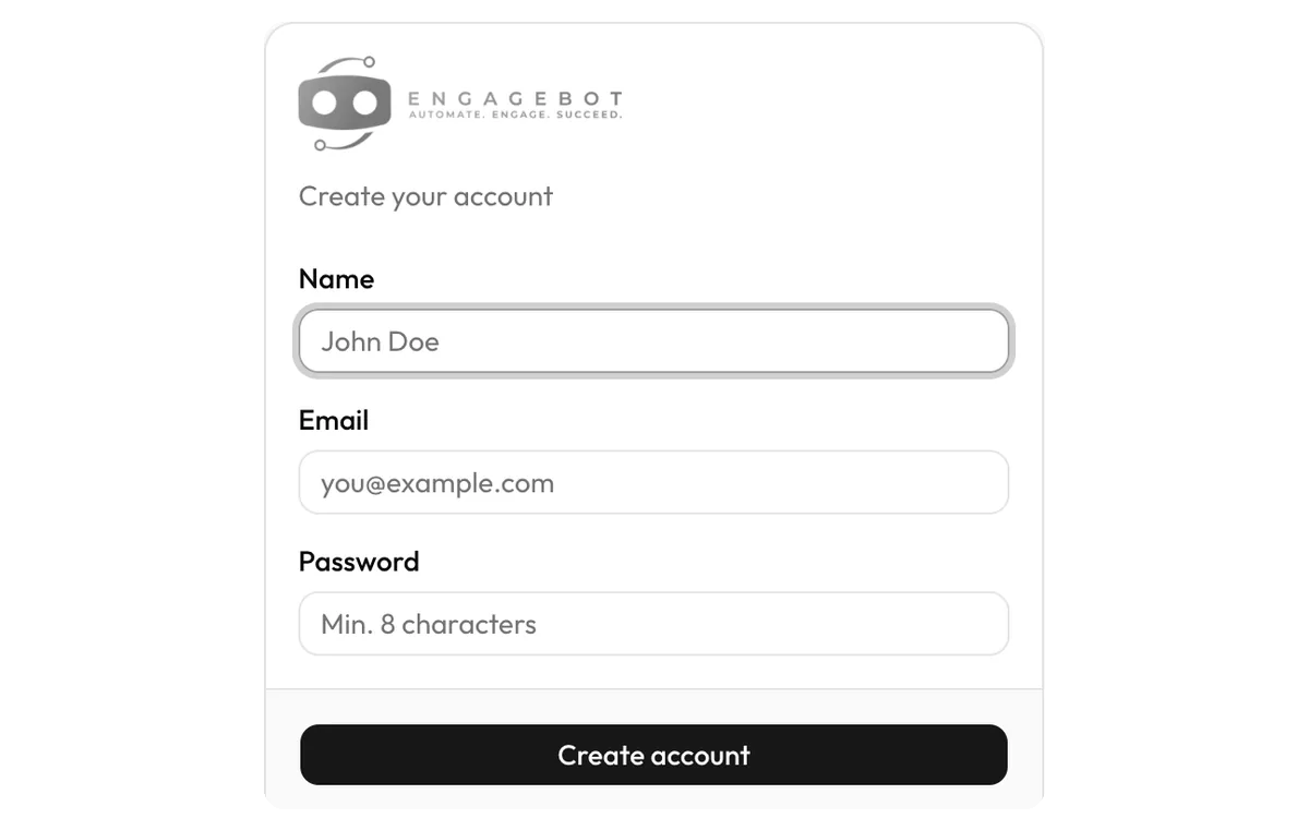 Engagebot sign-up form: name, email and password