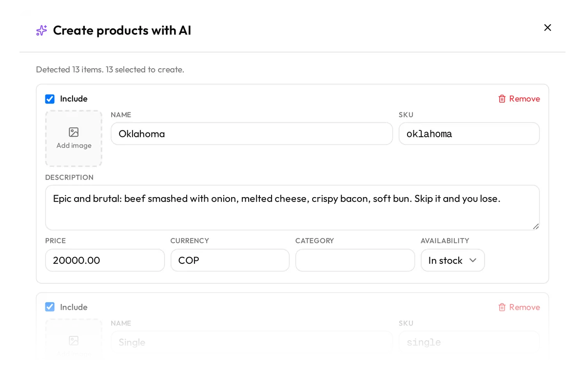 AI result: products detected in the menu with name, description and price