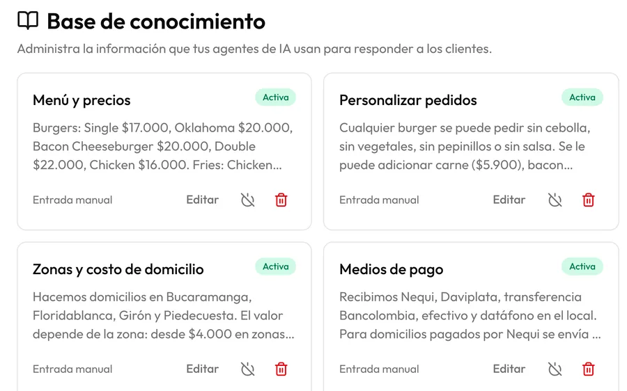 Base de conocimiento que usa el agente de IA para responder