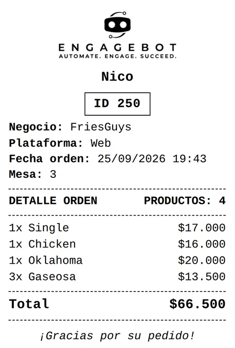 Ticket de cocina impreso para el pedido de la mesa 3