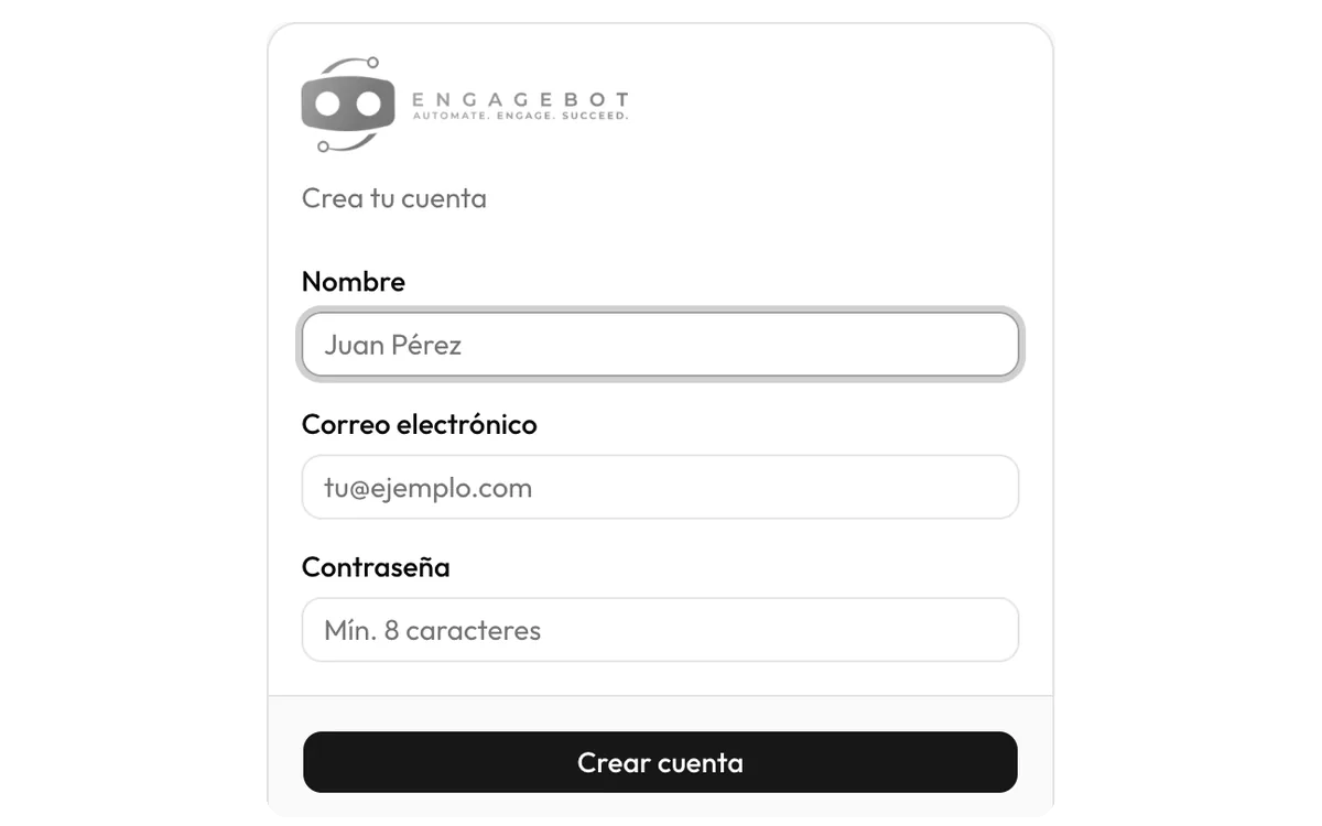 Formulario de registro de Engagebot: nombre, correo y contraseña