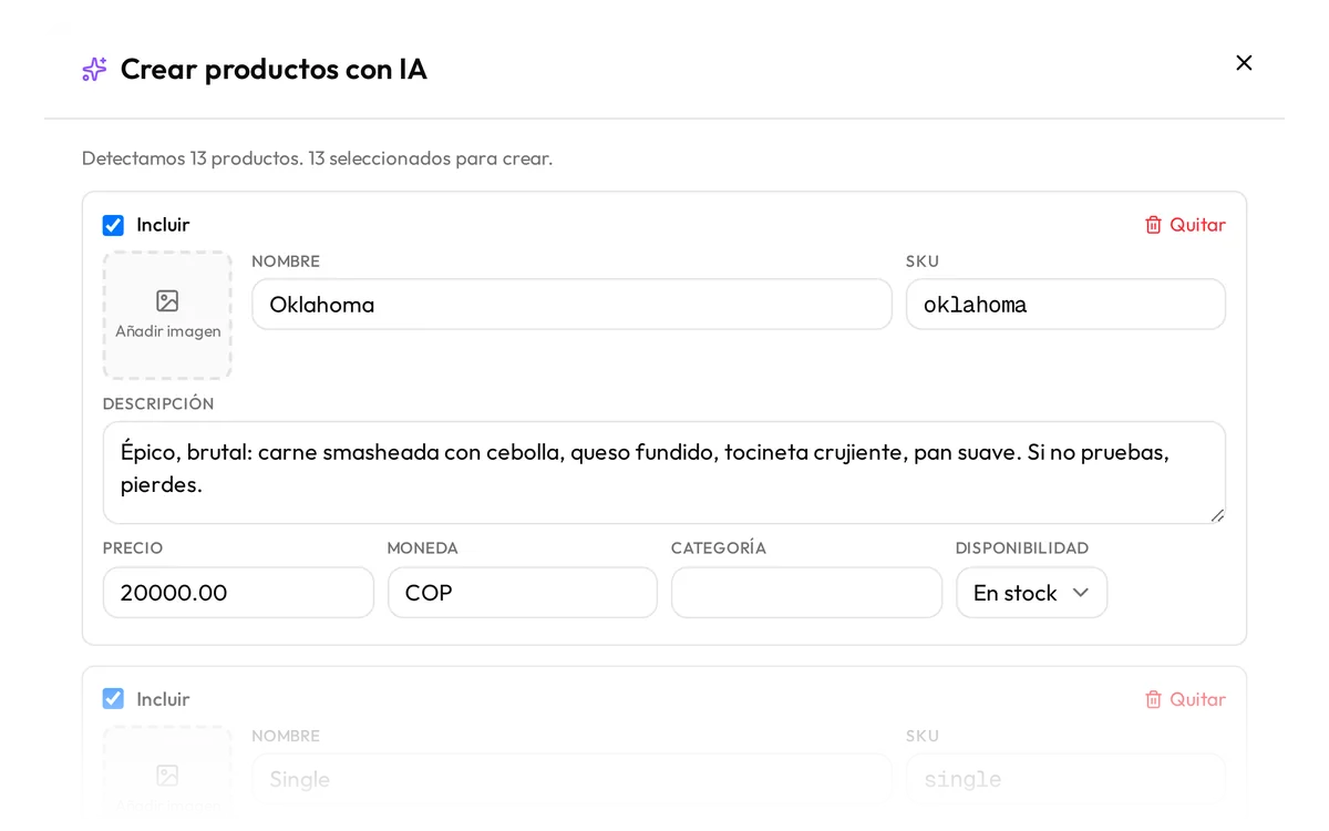 Resultado de la IA: productos detectados en la carta con nombre, descripción y precio
