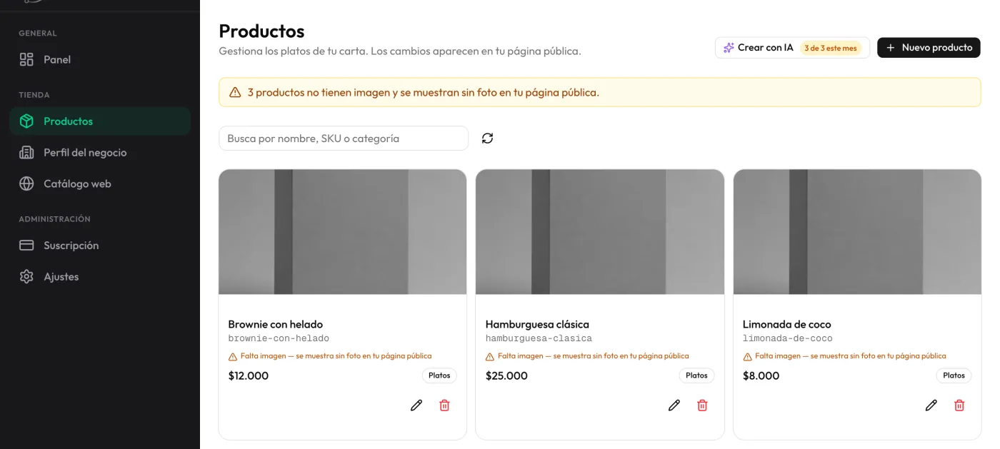 Sección Productos de Engagebot con tres platos, cada uno con su precio, su categoría y el lápiz para editarlo