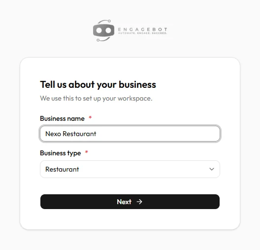 “Tell us about your business” step with the name Nexo Restaurant and business type Restaurant