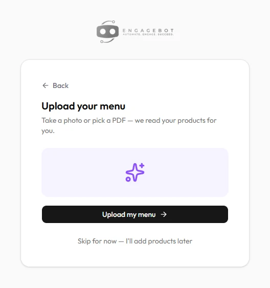 “Upload your menu” step with the Upload my menu button and the option to skip