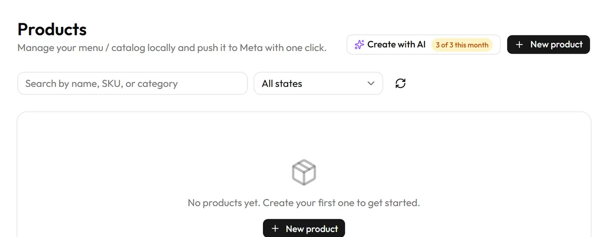 Empty Products section with the Create with AI button next to New product