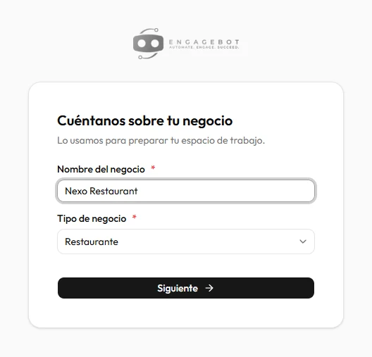 Paso «Cuéntanos sobre tu negocio» con el nombre Nexo Restaurant y el tipo de negocio Restaurante