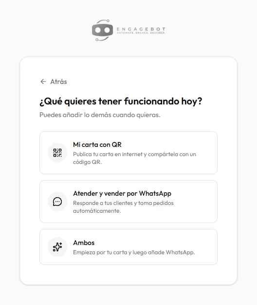 Paso «¿Qué quieres tener funcionando hoy?» con la opción Mi carta con QR