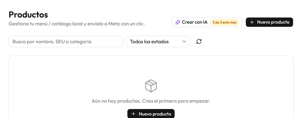 Sección Productos vacía con el botón Crear con IA junto a Nuevo producto